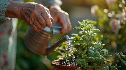 A person watering a plant with water from an old fashioned pail, AI - Powered by Adobe