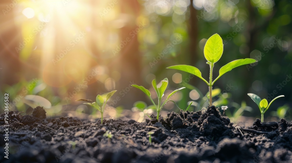 Poster Seedling are growing in the soil with backdrop of the sunlight.Planting trees to reduce global warming.
