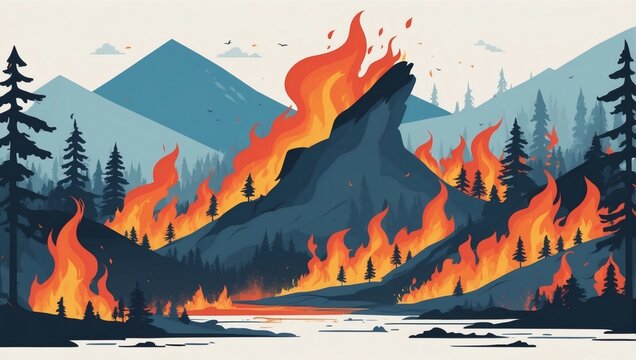 Flat and minimalistic vector depiction of wildfires, presenting the chaos and destruction in a clear and concise manner suitable for various visual applications.