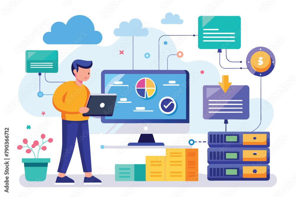 Poster a man standing in front of a computer screen, analyzing and backing up big data in a simple and mini