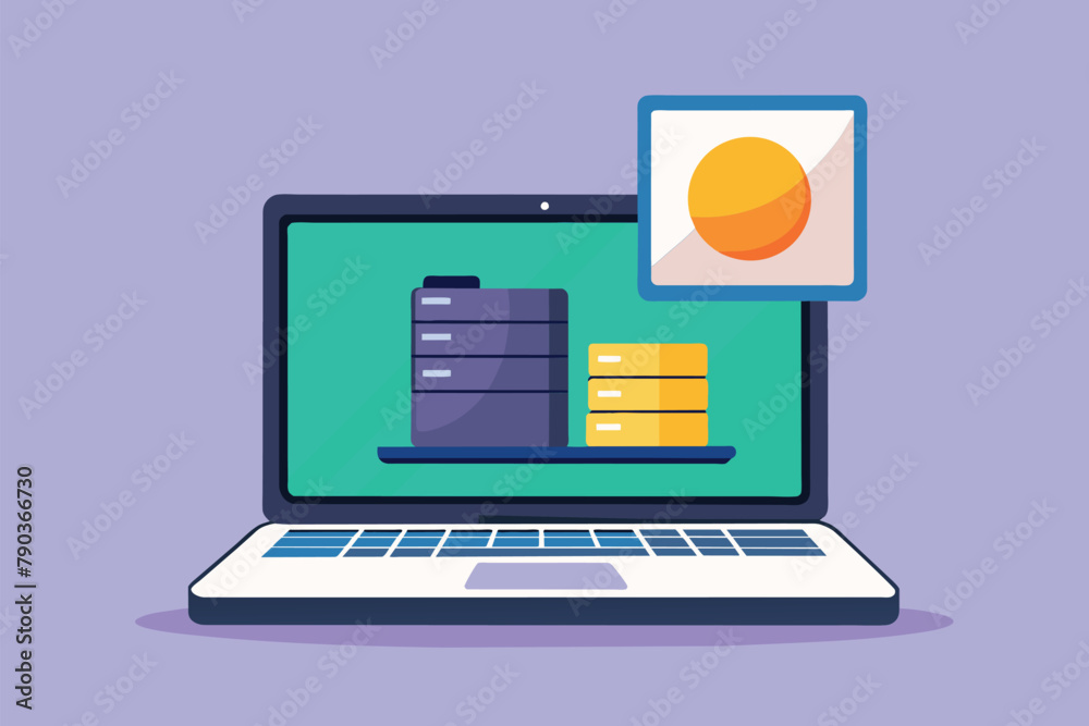 Poster laptop displaying file on top of it in a minimalist setting, backup data on laptop, simple and minim