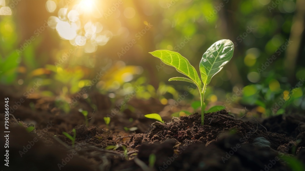 Poster seedling are growing in the soil with sunlight.the world wide platform to plant trees.planting trees
