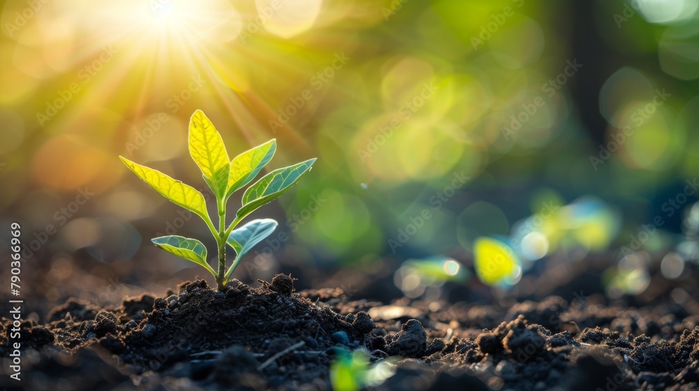 Poster seedling are growing in the soil with sunlight.the world wide platform to plant trees.planting trees