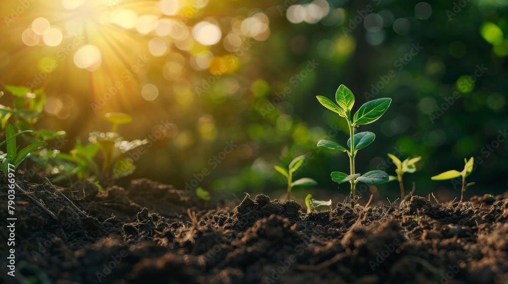 Poster seedling are growing in the soil with sunlight.the world wide platform to plant trees.planting trees