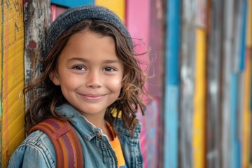 A young girl with curly hair wearing a hat leans against a colorful wall and smiles.