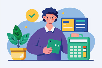 Bank worker holding clipboard stands next to calculator, analyzing financial data, Bank worker with calculator and credit card trending, Simple and minimalist flat Vector Illustration