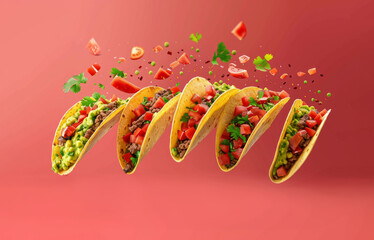 Mexican tacos flying in the air exploding with flavour and bursting with fresh ingredients