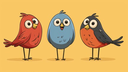 Three birds standing next to each other with big eyes, AI