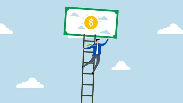 Ladder of success in financial freedom, Animation of finance manager ascending stepping stool high overhead to get into cash dollar banknote paradise.
