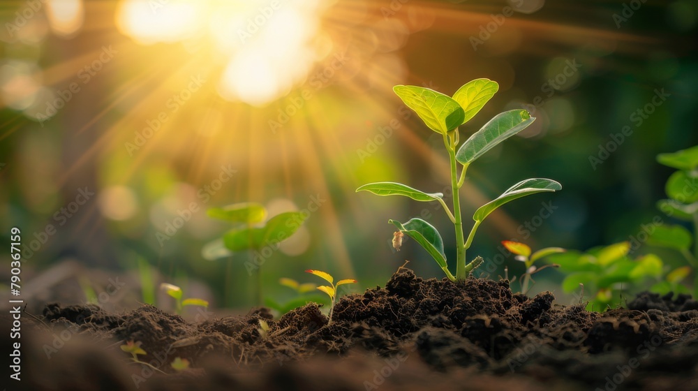 Poster Seedling are growing in the soil with sunlight.The world wide platform to plant trees.Planting trees to reduce global warming.
