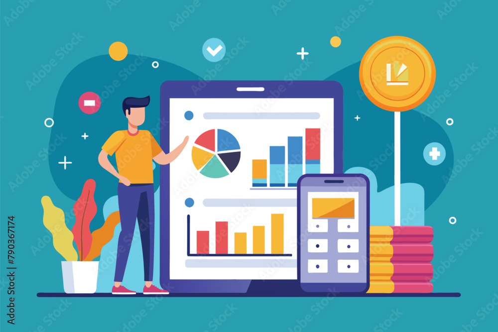 Poster a man stands next to a tablet displaying a chart, analyzing data, bigdata analysis on mobile, simple
