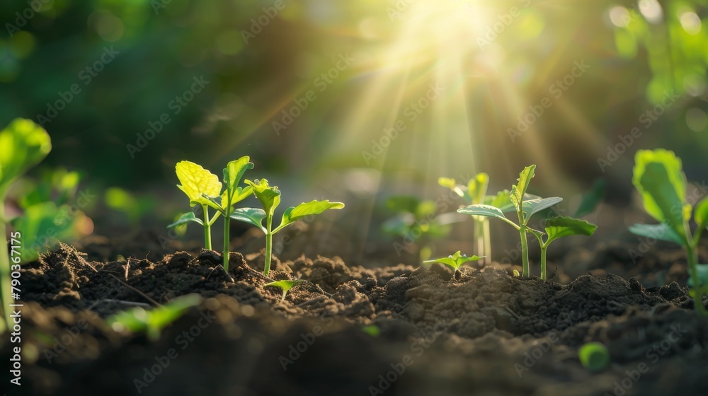 Poster seedling are growing in the soil with sunlight.the world wide platform to plant trees.planting trees