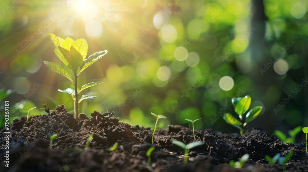 Aufkleber seedling are growing in the soil with sunlight.the world wide platform to plant trees.planting trees