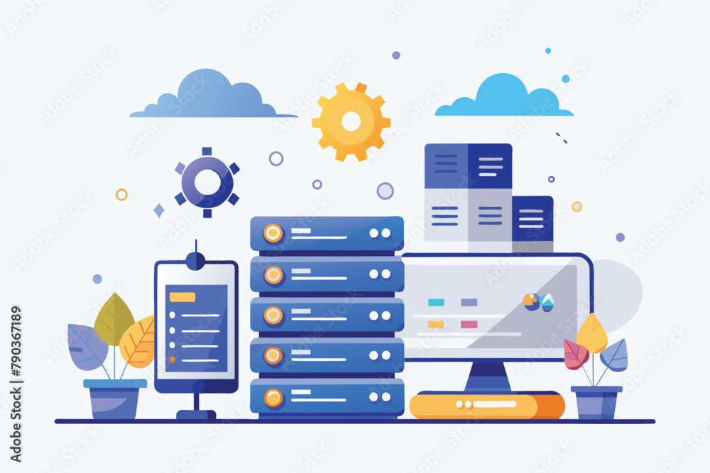Poster a stack of multiple laptops with a monitor on top of each other, bigdata management hosting website, Simple and minimalist flat Vector Illustration
