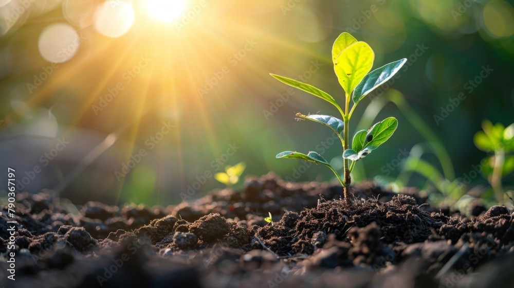 Aufkleber seedling are growing in the soil with sunlight.the world wide platform to plant trees.planting trees