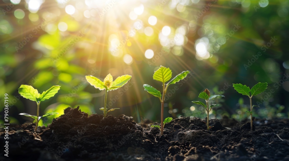 Poster Seedling are growing in the soil with sunlight.The world wide platform to plant trees.Planting trees to reduce global warming.