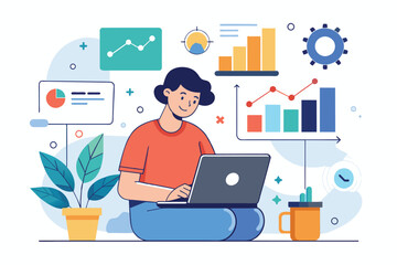 A person is seated on the floor, working on a laptop, Big project data analyst trending, Simple and minimalist flat Vector Illustration