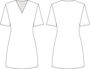 v neck short sleeves straight t-shirt shortelastic dress template technical drawing flat sketch cad mockup fashion woman design style model
