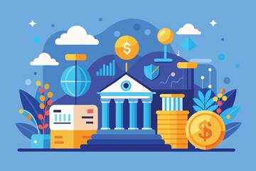 Fototapeta na wymiar A building encircled by stacks of coins in a depiction of financial investment and growth, Blue color vector with investment in bank concept, Simple and minimalist flat Vector Illustration