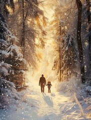 Snow-covered forest with family on path - A family treads a snow-laden forest path under the sun's soft rays, creating a scene of wonder and intimacy