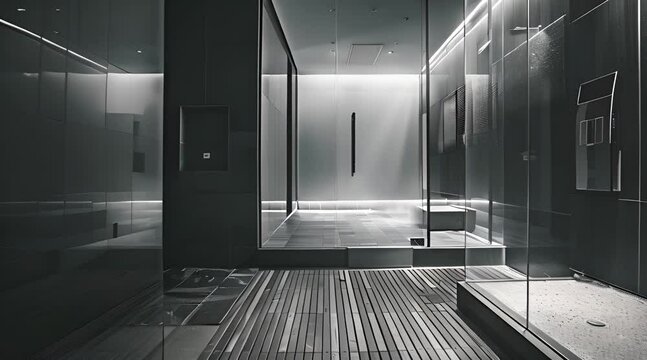 A monochrome photo showcases a wooden flooring shower stall with grey tints and shades, glass walls, and a dark asphalt road surface aesthetic 