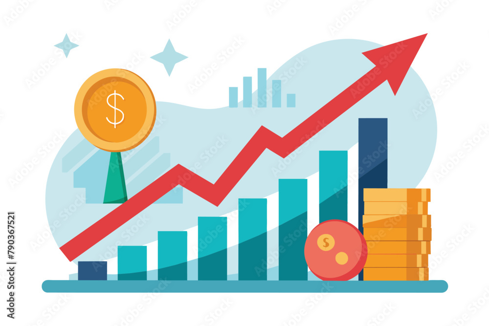 Wall mural Graph Showing Growth With Gold Coin, business arrow growing up investment, finance graph with coin stock financial and investment income, Simple and minimalist flat Vector Illustration