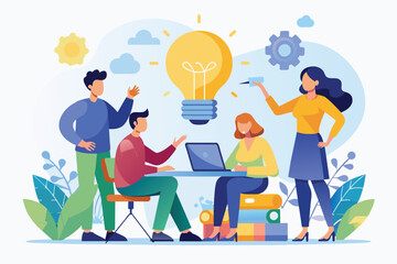 Fototapeta premium Group of people engaging in business brainstorming session around a table, focused on a laptop screen, Business brainstorming, teamwork, Simple and minimalist flat Vector Illustration