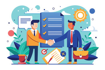 Two businessmen shaking hands over a significant contract document, business contract cooperation, Simple and minimalist flat Vector Illustration