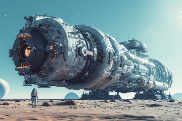 In the image, there is a large spaceship on a rocky planet with a single astronaut standing in front of it. The planet has a blue sky and two white planets in the background.