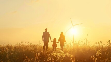 Silhouettes of Happy family father, mother and child daughter for hand and looking on windmill field at sunrise. windmills for electricity generation at sunrise