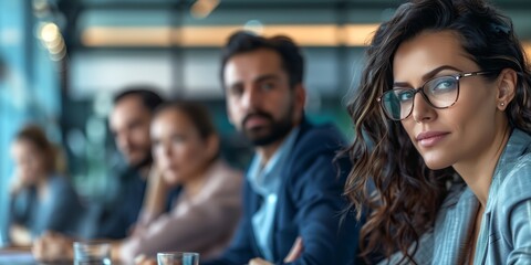 Fototapeta premium Group of people sitting at a table with glasses on it and one woman looking at the camera with a serious look on her face