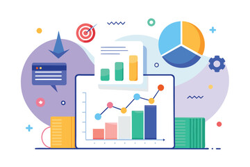Obraz premium A tablet displaying a bar graph, symbolizing business growth through data analysis, Business growth reporting, data analysis, Simple and minimalist flat Vector Illustration