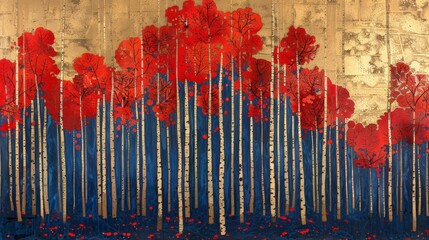 art deco painting with red wood trees as subject, in blue and gold, background