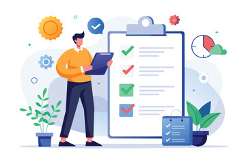 Businessman completing tasks on a checklist displayed on a clipboard, Business man ticking complete list trending, Simple and minimalist flat Vector Illustration - obrazy, fototapety, plakaty