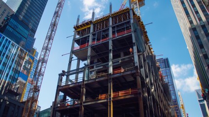 Skyscraper construction: Towering cranes hoist steel beams into place as workers build the framework for a modern high-rise building.