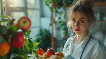 Nutritionist Woman with Fresh Fruit Basket in Modern Office