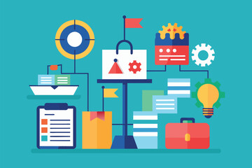 A collection of diverse items spread out on a blue backdrop, business organizer strategy, Simple and minimalist flat Vector Illustration