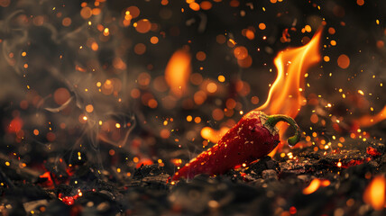 Red hot chili pepper in blazing fire - A single red chili pepper in the middle of a fiery scene with sparks and flames - obrazy, fototapety, plakaty