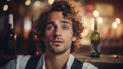Thoughtful Young Man with Curly Hair at a Bar