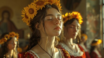 Serene Sunflower Crowned Woman in Golden Light