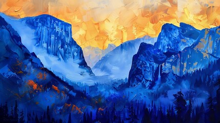 art deco painting with yosemite valley as subject, in blue and gold 
