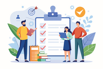 Business People Reviewing a Checklist, business people study rule lists, read guidelines, create checklists, Simple and minimalist flat Vector Illustration