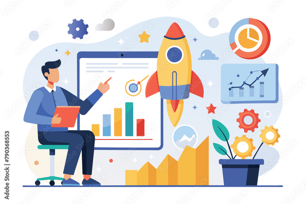 Poster man analyzing data on monitor with rocket, business presentation with rocket and data analyst trendi