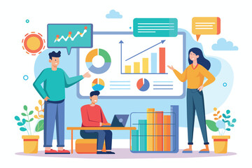 Group of People Standing in Front of a Whiteboard, Business presentation and business analysis, Simple and minimalist flat Vector Illustration