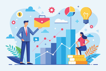 A man and woman are standing in front of a graph, analyzing business prospect problems, Business prospect problems trending, Simple and minimalist flat Vector Illustration