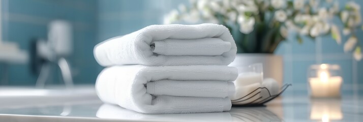 White clean towels on table in bathroom, laundered towels