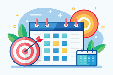 A calendar with a dart hitting a target, symbolizing strategic business planning and goal setting, Business target planning calendar, Simple and minimalist flat Vector Illustration