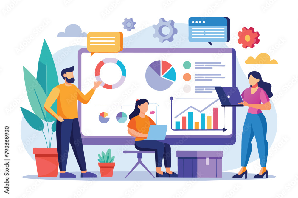 Poster business team analyzing and monitoring on web report using a big screen, business team analysis and 