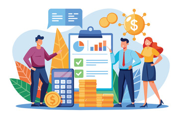 Business Team Planning Company Budget, Business team planning company budget calculating tax and expenses, Simple and minimalist flat Vector Illustration