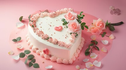 white cake in the shape of a heart with few roses around it, pink background, 